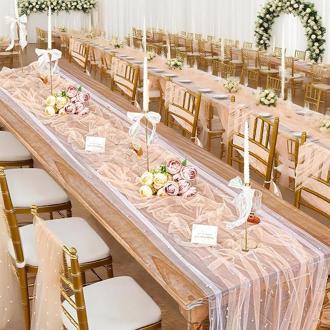 6 Pieces Pearl Tulle Table Runner 10ft Gauze Runners Champagne Desktop - Image 9