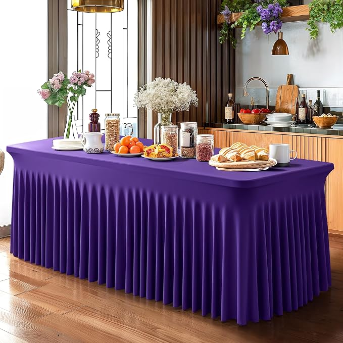 Wish Care 2 Pack Dark Purple Spandex Table Clothes for 4 Foot Rectangle Tables, 4FT Wrinkle Free Fitted Tablecloths Ruffles Design Table Cover for Party, Banquet, Wedding and Events - Image 5