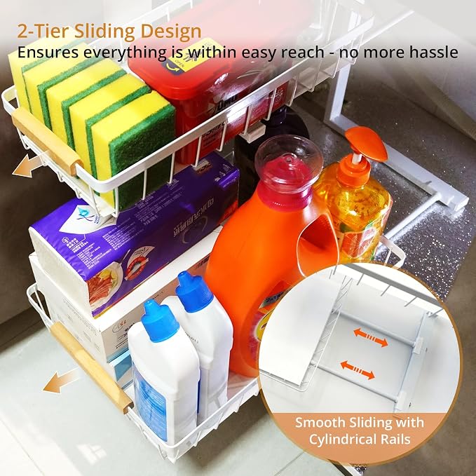 Under Sink Organizer 2 Pack, 2 Tier Pull Out Cabinet Organizers and Storage for Kitchen Bathroom Pantry Laundry, Adjustable Height, Slide Out Thickened Metal Storage Shelf (White, 2 Pack) - Image 4