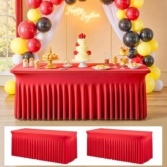 2 pk Red Spandex Tablecloth 6ft with Ruffle Skirt,Wrinkle Free High Stretchy Fitted Tablecloths for 6 Foot Rectangle Tables,Pleated Spandex Table Covers 6ft for Christmas Parties Banquet Weddings by ENJOYYOURPARTY