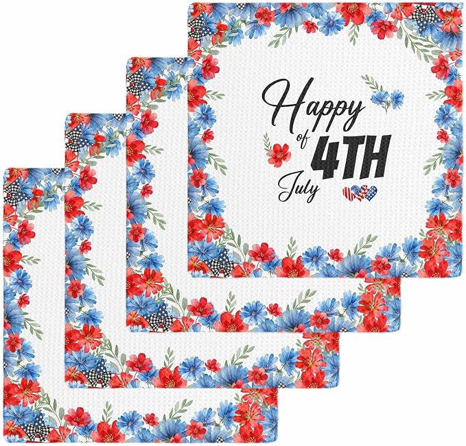 4th of July Dish Towels Set, Waffle Weave Kitchen Towels 4 Pieces, American Flag Red Blue Flowers Leaves Microfiber Hair Face Bath Tea Towel Absorbent Quick Drying Cleaning Dish Cloths, 12"x12" by Unknown