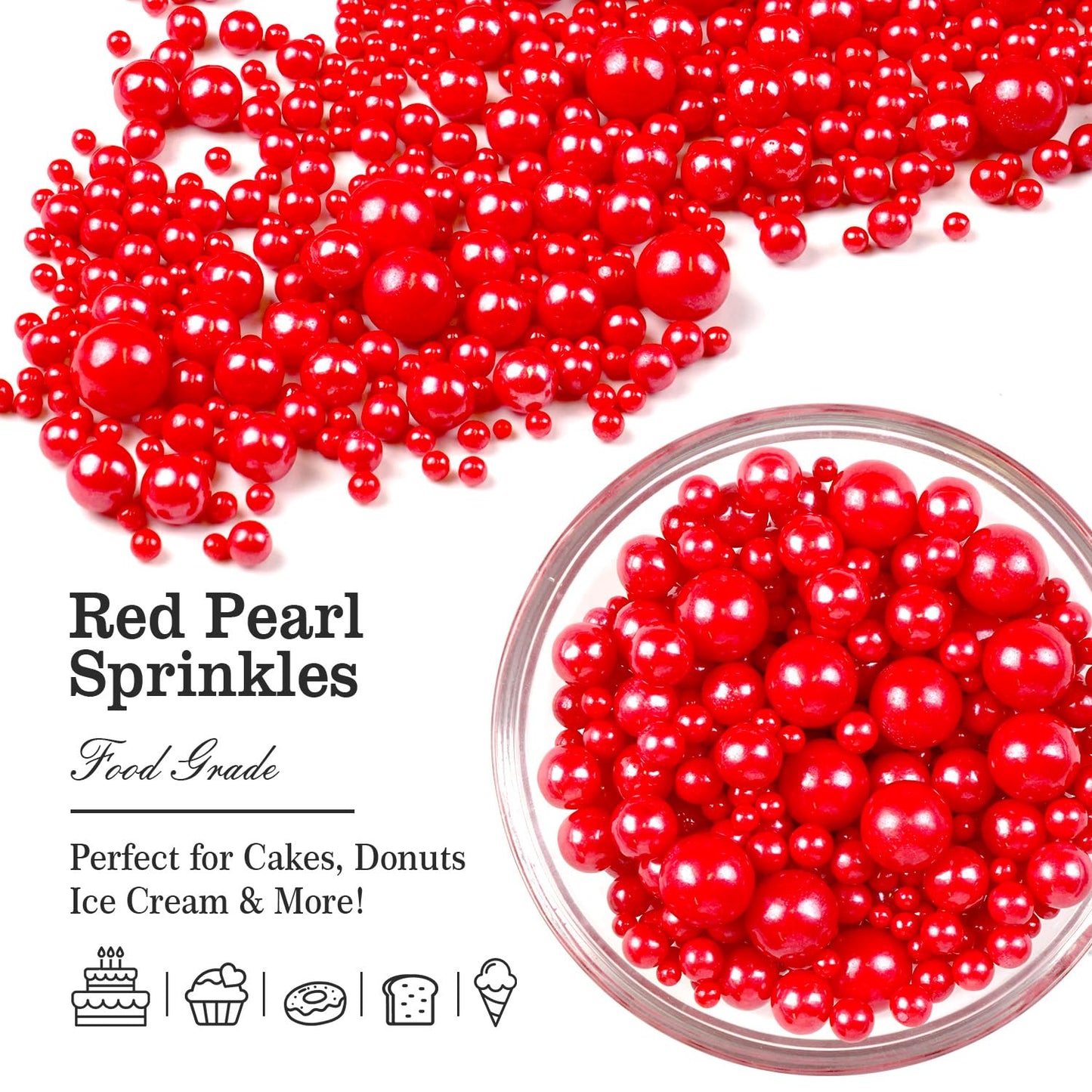 Red Pearl Sugar Sprinkles for Cake Decorating, Mix Size, Edible Candy Pearls Cupcake Toppers, Baking Edible Cake Decorations for Kid's Birthday Christmas Wedding Party, 150g/5.29oz