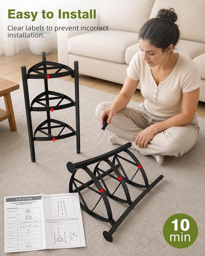 6-Tier Cast Iron Freestanding Pot Rack, 264 Lbs Capacity Cookware Storage Tower with 6 Hooks, Pot and Pan Organizer for Kitchen and Dining Room, Matte Black - Image 8