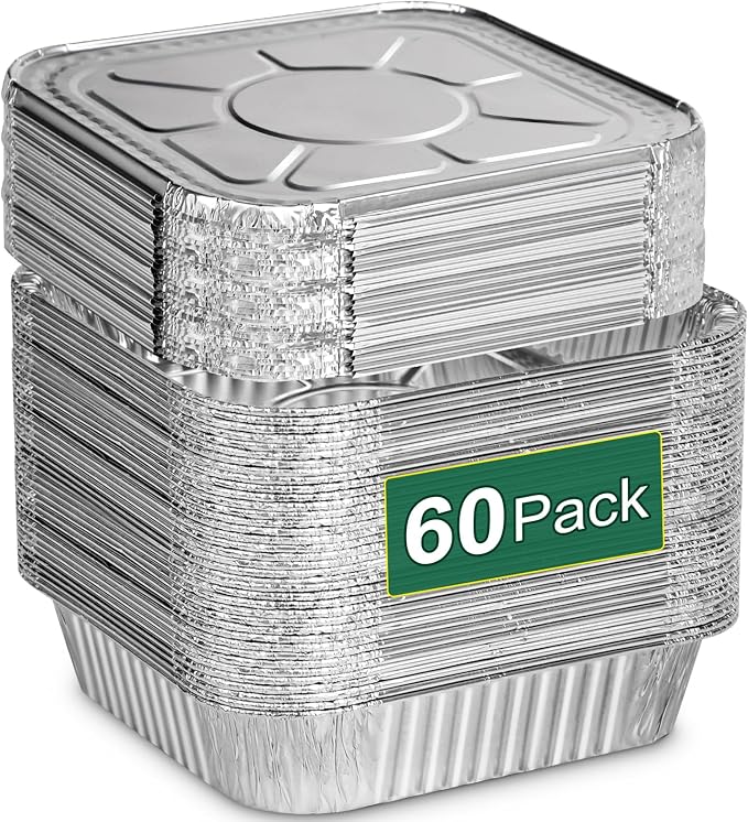 8x8 Aluminum Pans with Lids - 60 Pack Square Disposable Aluminum Foil Baking with Covers - Disposable Baking Pans for Air Fryer, Oven, Cooking by Alfolic