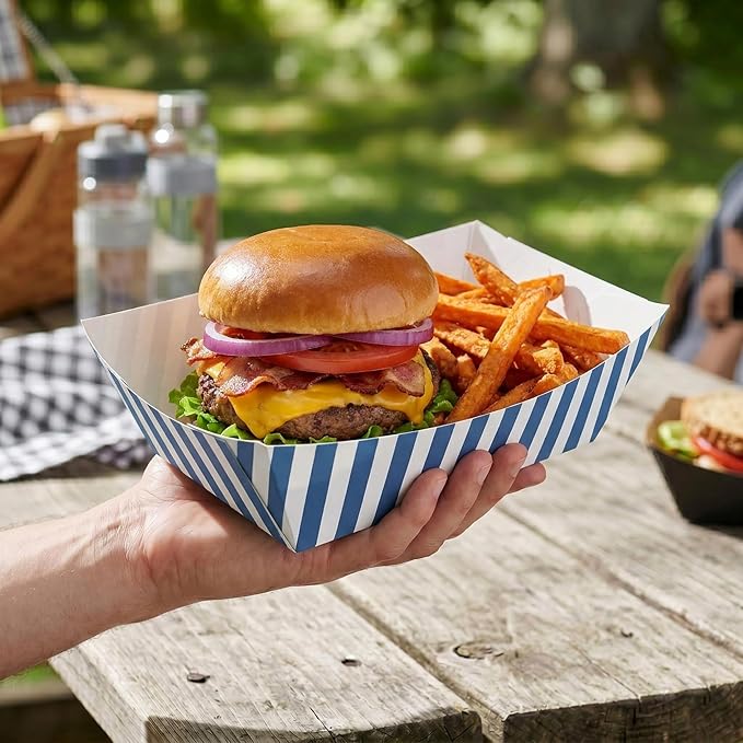 Restaurantware-Bio Tek 1/2 Pound Food Trays, 400 Disposable Paper Food Trays - Heavy-Duty, Greaseproof, Striped Paper Food Boats, For Snacks, Appetizers, Or Treats, Use At Parties Or Carnivals - Image 5