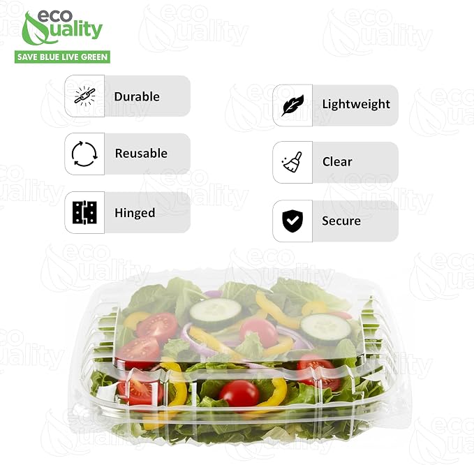 EcoQuality Clear Hinged Lid Clamshell Plastic Container 8 x 8 x 2 inches - Single Compartment Take out Containers for Salad, Pastry, Cake for Restaurants and Food Industry (100) - Image 2