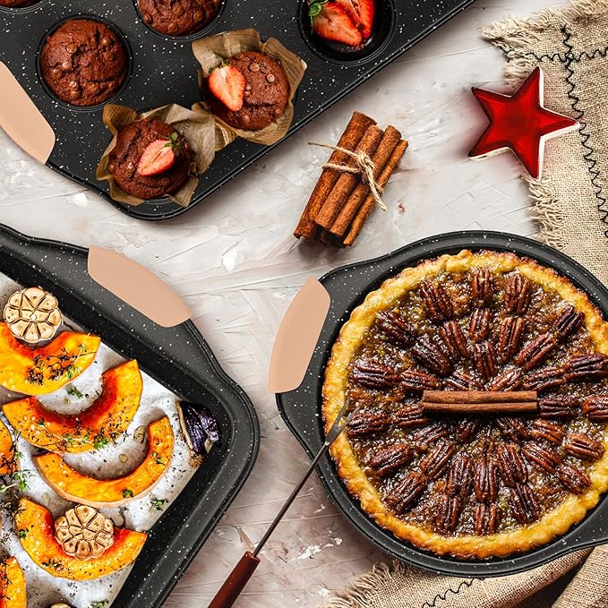 11-Piece Baking Pans Set, Nonstick Bakeware Sets, Oven Pans, Khaki&Black | Stackable Non-Toxic Baking Set with Silicone Handles, Includes Cookie Sheet, Cake Pans, Loaf Pan, Pizza Pan, Muffin Pan - Image 6