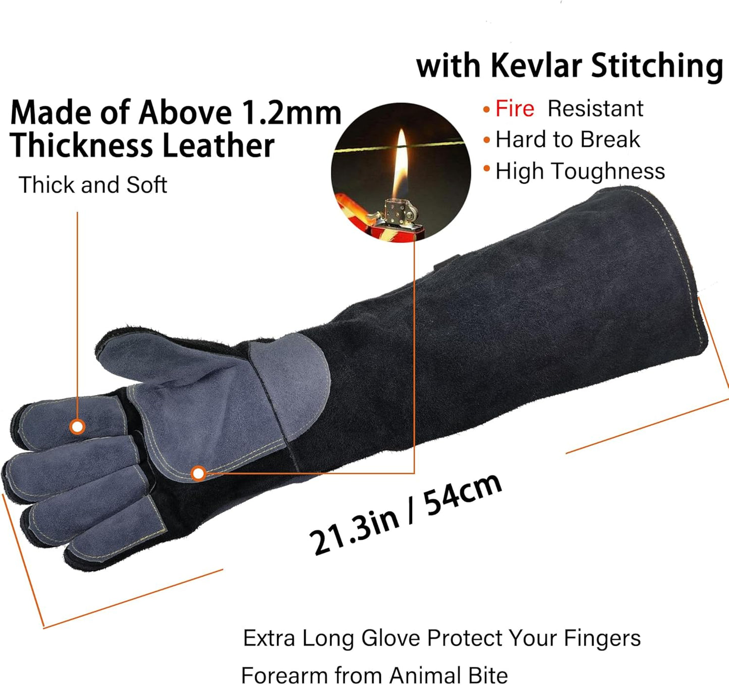 21.3 In Leather Welding Gloves for Animal Handling,Grabbing Reptile, Grooming,Trips to Vet,BBQ,Fireplace.Puncture & Scratch Resistant, Bite Proof for Cat Dog Bird Falcon Livestock Snake M Black