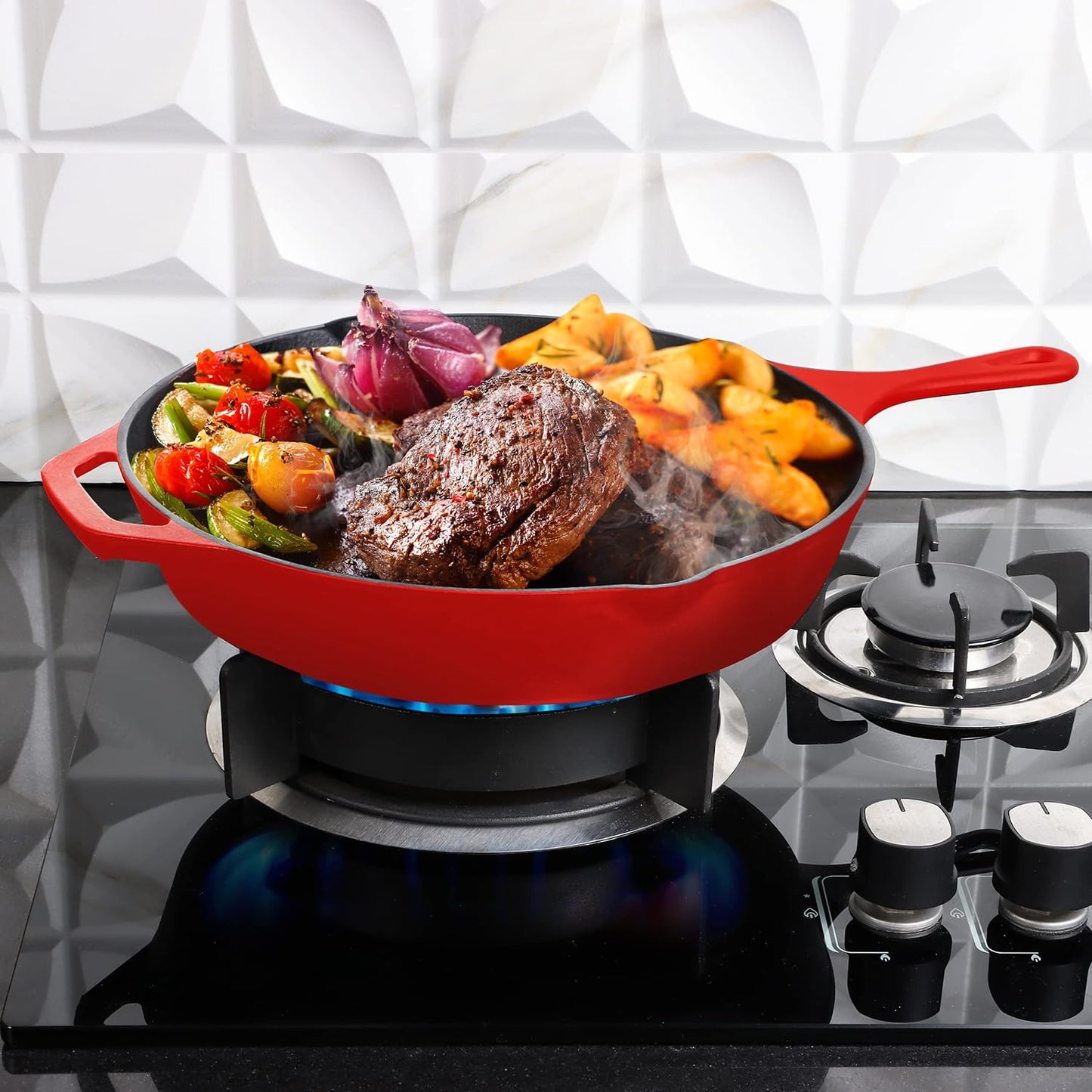 Utopia Kitchen Saute Frying Pan 6.5 Inch, Cast Iron Chefs Pan, Pre Seasoned Cast iron Skillet, Safe Grill Cookware for Indoor & Outdoor Use, Red