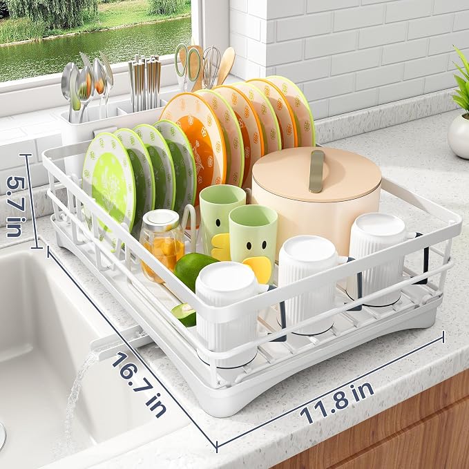 SAYZH Dish Drying Rack for Kitchen Counter with Utensil Holder, White - Image 5