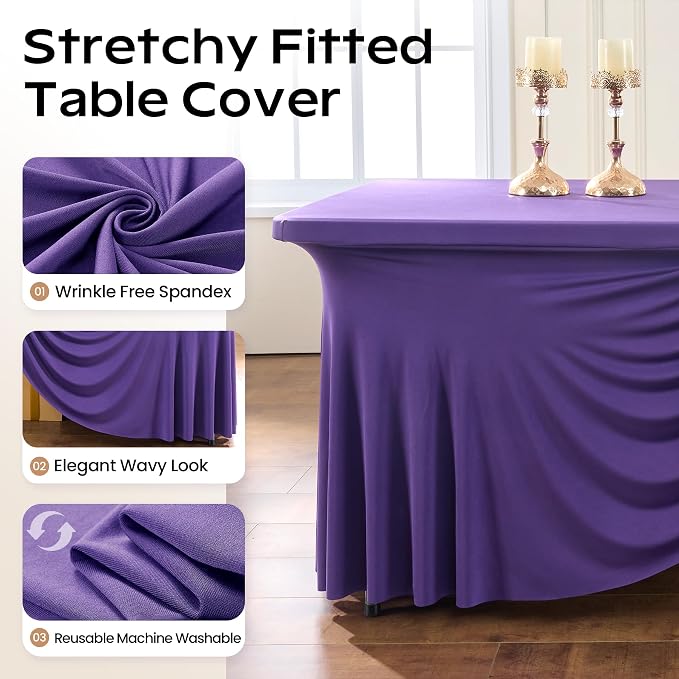 CO-AVE 2pack Purple Spandex Tablecloths 8ft for Rectangle Tables, Wrinkle Free Classy Table Skirt Stretchy 8 Foot Fitted Table Cloths Covers for Weddings Birthday Party Events Banquette Baby Shower - Image 2