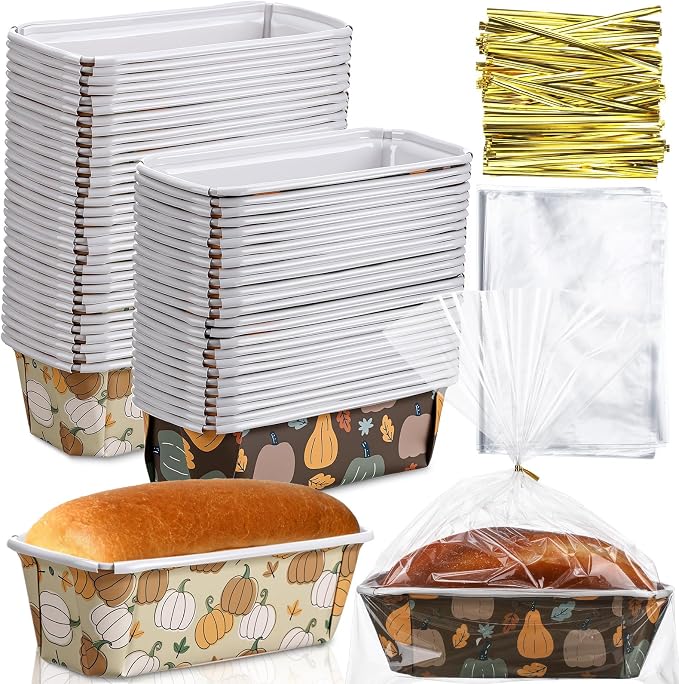 Hushee 50 Sets Fall Paper Loaf Pan 6.3 x 2.2 x 2.2 Inch Disposable Cake Pan Liners with Clear Plastic Bags and Ties Rectangle Paper Baking Mold for Thanksgiving Autumn Bread Cake Bakery(Pumpkin) by Hushee