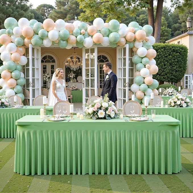 gogoparti 4 Pack Spandex Sage Green Fitted Table Cloth for 8ft Rectangle Tables Sage Green Stretch Tablecloth Table Covers Skirt Banquet Wrinkle Free Tablecloths for Parties Wedding - Image 3