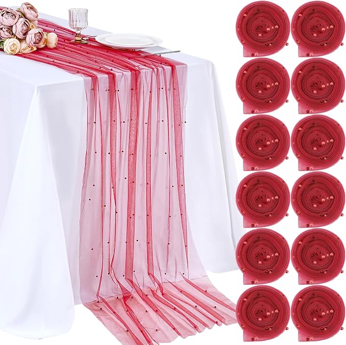 Tulle Table Runner Pearl Fabric Red Mother's Day Veil Dessert Chiffon by LuoluoHouse