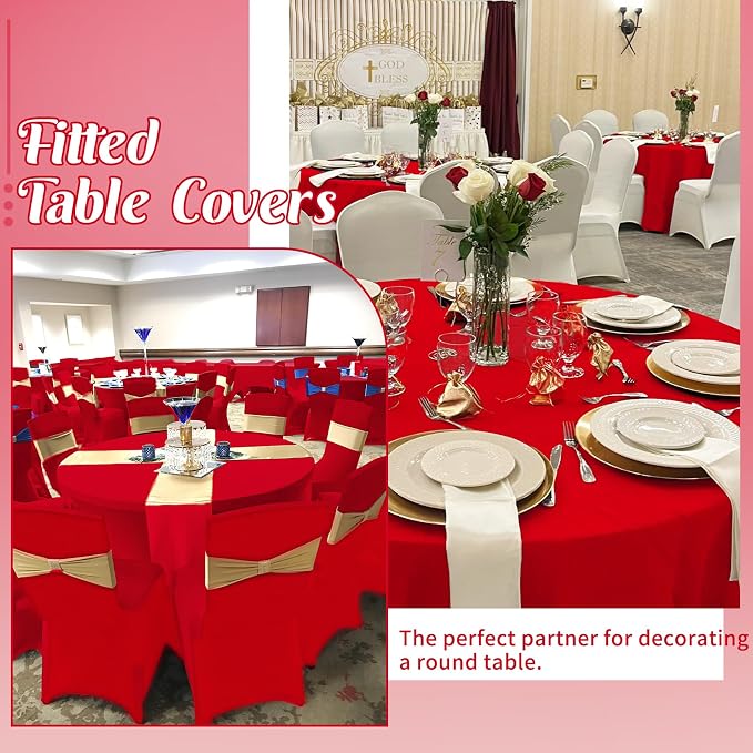 HAISIWLKJ 6Pcs 6FT Red Round Spandex Tablecloth 72 inch Stretchable Table Cover Tight Fit Stretch Tablecover Wrinkle Resistant Washable Table Cloth for Weddings Birthday Banquets Parties Festival - Image 6