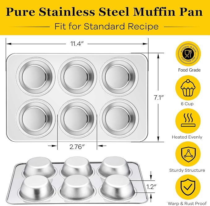 Homikit 1 Pack Stainless Steel Muffin Pan, 6-Cup, Regular Size, Non Toxic | Metal Cupcake Tray for Toaster Oven, Muffin Baking Tins for Egg Bites, Nonstick, Rust Free, Easy Release, Dishwasher Safe - Image 2