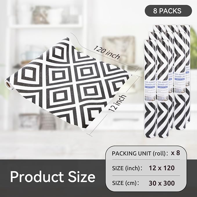 FIFTY FEET 12"x120" Non-Adhesive Shelf Liner for Kitchen Cabinets and Drawers, Washable Non-Slip PVC Cabinet Liner (Black Plaid)(8 Roll) - Image 5