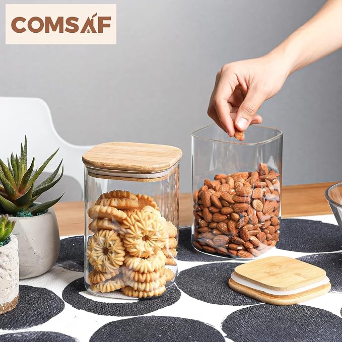ComSaf Square Glass Containers with Lids 1.2 Qt, Set of 4 Pantry Glass Jars | Kitchen Glass Pantry Storage Containers, Storage Canisters, Silicone Seal, Dry Food, Cookie, Flour, Spice, Coffee, BPA Free - Image 4
