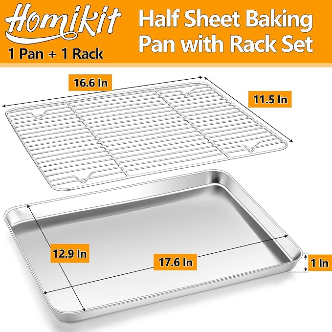 Homikit Half Baking Sheet with Wire Cooling Rack (1 Pan+1 Rack), Nonstick | 18x13 Inch Stainless Steel Cookie Sheets for Baking, Large Baking Pan with Grid Set, Metal Bacon Tray, Oven & Dishwasher Safe - Image 2