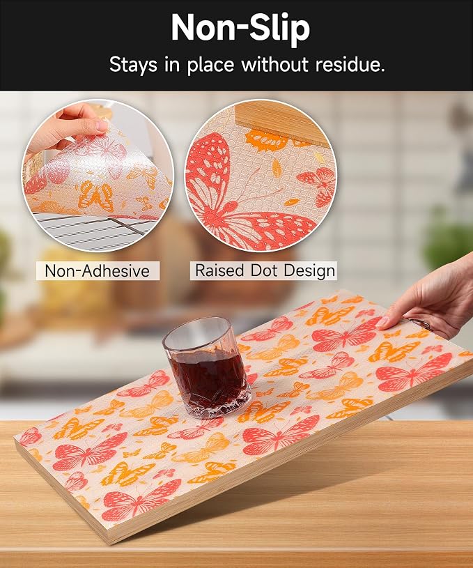 Cooyes Drawer & Shelf Liner for Kitchen Cabinets Non-Adhesive Waterproof Oilproof Reusable Washable Shelf Paper for Refrigerator, Cupboard, Dresser, Easy to Cut (Red Butterfly, 17.5" W x 78.7" L) - Image 4