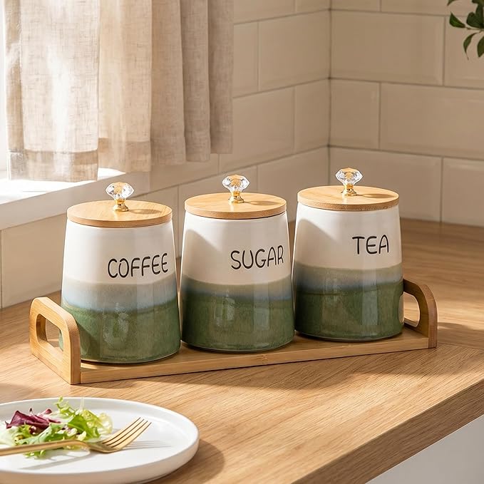 Kimdio Ceramic Canisters Set with Airtight Lids, 22 oz Coffee Canisters Sets for the Kitchen, Large Jars for Flour, Sugar, Pasta, Coffee, Cookies, Tea - Set of 3 - Green and White - Image 2