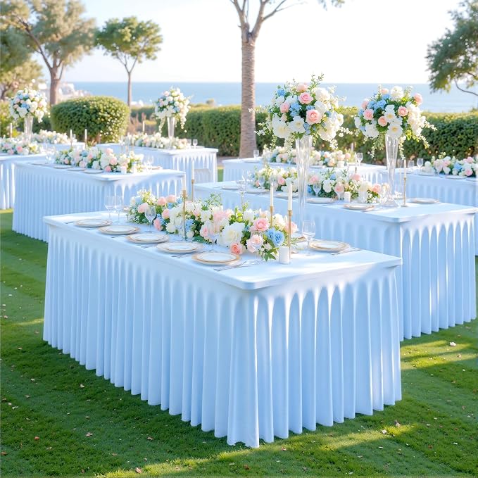 gogoparti 4 Pack Spandex Baby Blue Fitted Table Cloth for 8ft Rectangle Tables Light Blue Stretch Tablecloth Banquet Table Covers Wrinkle Free Tablecloths for Parties Wedding - Image 9