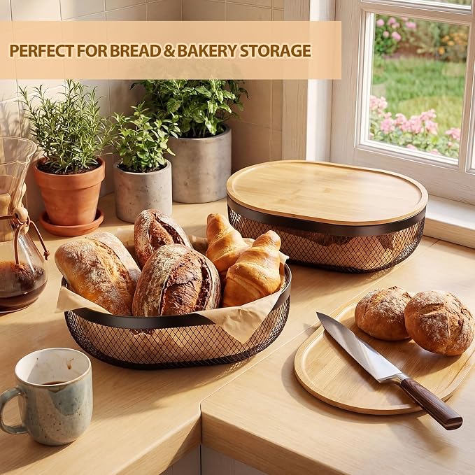 2 Pcs Oval Metal Mesh Storage Baskets with Tray Lids, Black Wire Organizer for Kitchen Countertop, Multi-functional Fruit and Bread Baskets for Home, Cabinet and Decorative Storage - Image 4
