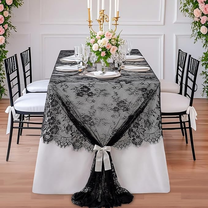 Vintage Black Lace Tablecloth 6pcs Table Fabric 60x120 Inch for Scary - Image 3
