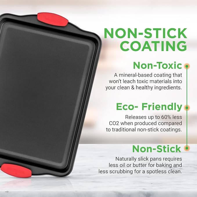 NutriChef Nonstick Baking Pans Set – Premium Cookie Sheets for Baking, Carbon Steel Stackable Baking Trays with Red Silicone Handles, Oven Safe Pans for Cookies, and Cakes, Dishwasher Safe (6 Pack) - Image 4
