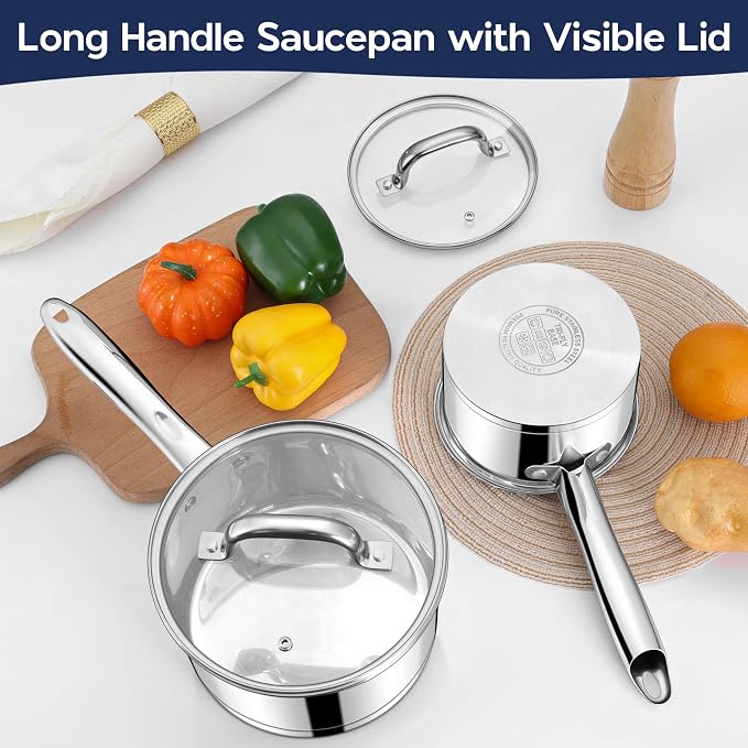 LIANYU Stainless Steel Saucepan Set of 2, 1QT & 3QT Sauce Pan with Lid, Tri-Ply Bottom Milk Pot, All Stove Compatible, Oven & Dishwasher Safe - Image 6