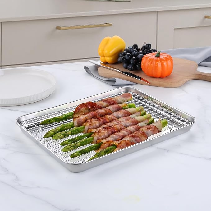 Homikit Quarter Sheet Pan with Rack Set for Toaster Oven (2 Sheets+2 Racks) | 12x10 Inch Stainless Steel Baking Sheets & Wire Cooling Grids, Small Cookie Pans Non Toxic, Metal Bacon Tray, Dishwasher Safe - Image 3