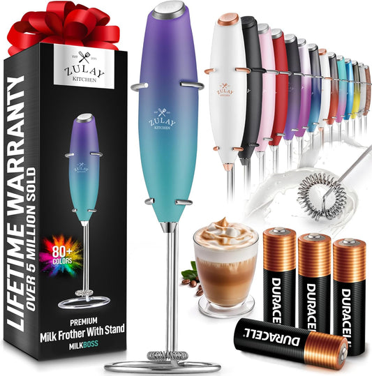 Zulay Kitchen Powerful Milk Frother Wand With 4 AA Duracell Batteries - Ultra Fast Handheld Drink Mixer - Electric Whisk Foam Maker for Coffee, Lattes, Cappuccino, Matcha & Creamer
