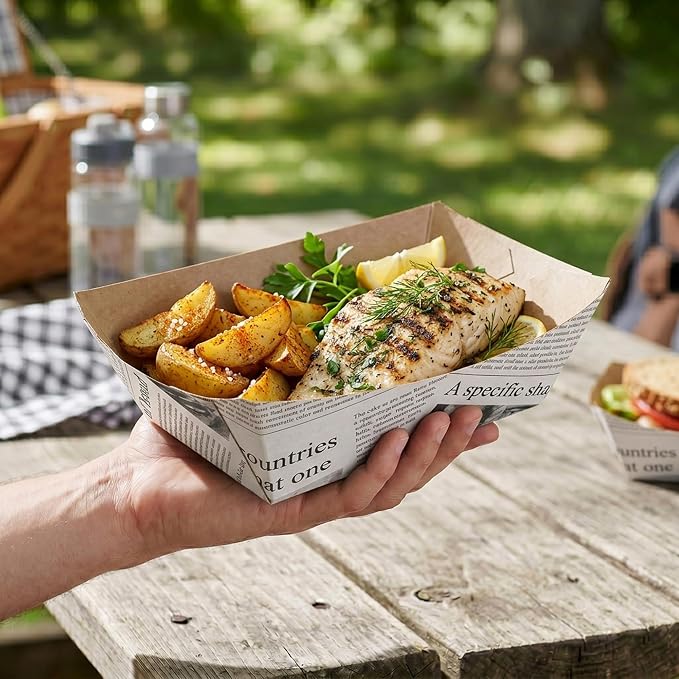 Restaurantware-Bio Tek 1/2 Pound Food Trays, 400 Disposable Paper Food Trays - Heavy-Duty, Greaseproof, Newsprint Paper Food Boats, for Snacks, Appetizers, Or Treats, Use At Parties Or Carnivals - Image 5