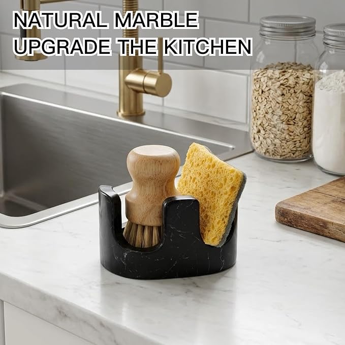 Black Marble Sponge Holder for Kitchen Sink, 2-in-1 Natural Stone Sponge & Brush Holder with Raised Edge, Keeps Countertops Dry, Heavy & Stable, Non-Slip Base, Modern Luxury Kitchen Decor - Image 4