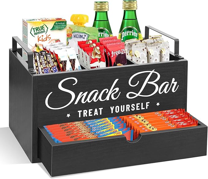 Snack Organizer for Countertop, Wood Pantry Storage Bins with Handles, Snack Bar Organizer for Kitchen, Office, 4 Compartment Food Container Snack Box with Drawer, Pantry Organizer for Chips, Candy by Unistyle