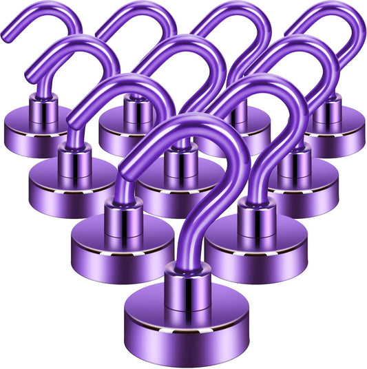 Neosmuk Magnetic Hooks,30lb+ Heavy Duty Earth Magnets with Hook for Refrigerator, Extra Strong Cruise Hook for Hanging, Magnetic Hanger for Cabins, Grill (Purple, Pack of 10)
