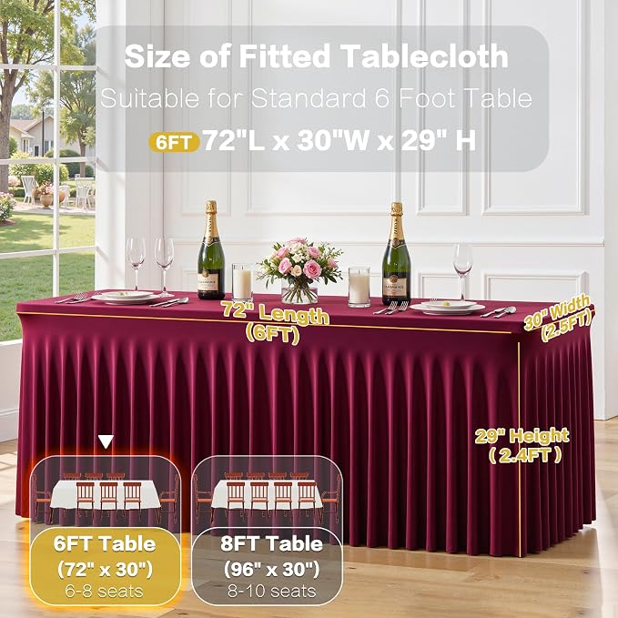 8 Pack Burgundy Table Cloth for 6 Foot Rectangle Tables Spandex Fitted Tablecloth 6ft Stretch Table Covers Skirt Burgundy Banquet Tablecloths Wrinkle Free Tablecloth for Party Wedding Birthday Event - Image 6