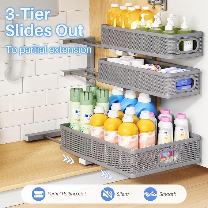 Under Sink Organizer, 3-Tier Thickened Metal Pull out Cabinet Organizer Shelf, Height Adjustable Slide out Storage Drawer Rack for Kitchen Bathroom Pantry Laundry Home Organization, 2-Pack, Grey - Image 5
