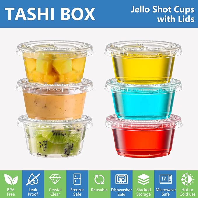 TashiBox Plastic Portion Cups with Lids [2 Ounce, 200 Sets] Disposable Plastic Cups for Meal Prep, Salad Dressing, Jellos Shot Cups, Souffle Cups, Condiment & Dipping Sauce Cups - Image 4