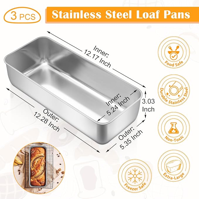 E-far Loaf Pan for Bread Baking-3 Pack, 12” x 5” Stainless Steel Loaf Pans | Large Long Metal Baking Tins for Homemade Bread, Banana Cake Meatloaf Sourdough Lasagna, Nontoxic & Dishwasher Safe - Image 2