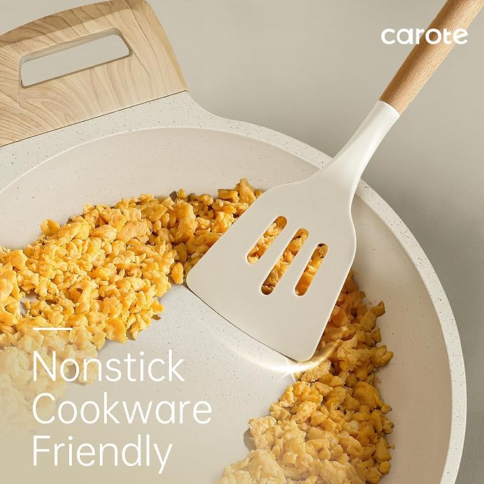 CAROTE Silicone Cooking Utensils Set, Kitchen Utensils Set 10 Pcs for cooking, BPA Free Spatula Set with Heat Resistant Wood Handles for Nonstick Cookware (Cream White) (Pack of 2) - Image 4