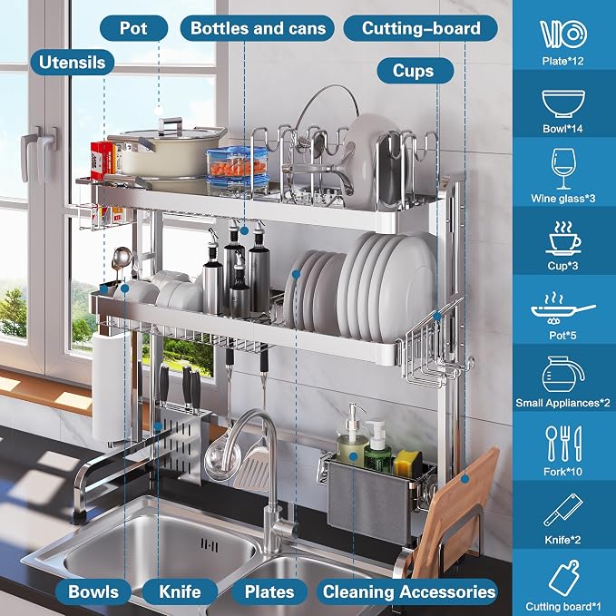 LIVOD Over The Sink Dish Drying Rack,3 Tier Adjustable Length Full Stainless Steel Large Storage Kitchen Dish Rack,for Kitchen Counter Expandable Multifunctional Organizers,Silver (25.98-37.6") - Image 2