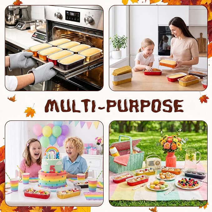 Qunclay 200 Pcs Aluminum Foil Mini Loaf Pans with Lids 6.8 oz Disposable Mini Cake Pan with Lid Rectangle Baking Cups for Party Muffin Cheesecake Ramekins (Gold, Orange, Red,Brown) - Image 5
