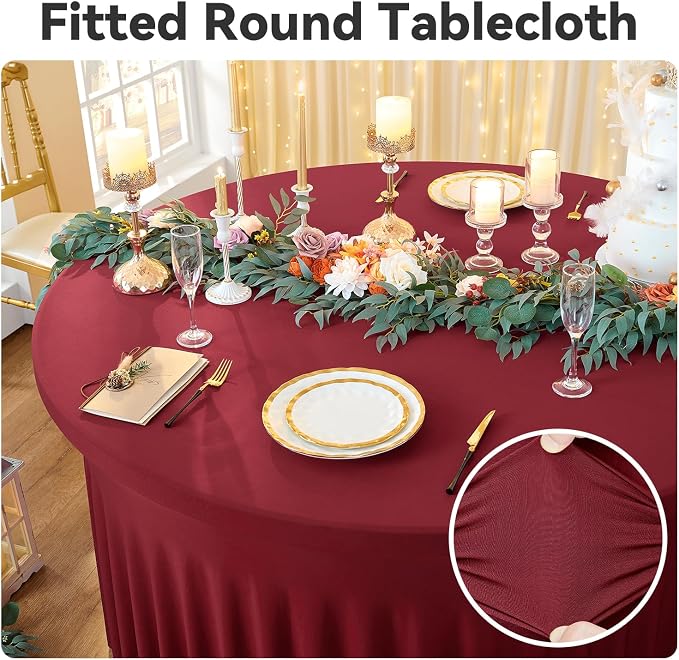 leegleri 6 Pack Spandex 72inch Burgundy Round Tablecloths, Stretchy 132inch Fitted 6FT Round Table Cloths, Wrinkle Free Table Cover with Skirt for Wedding Birthday Party Bridal Shower Banquet - Image 2