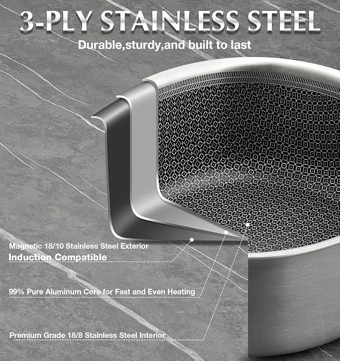 KOCH SYSTEME CS Hybrid Nonstick Stainless Steel Saucepan Set with Steamer Insert, 7PCS Triply Stainless Steel Pot Set 1Qt, 2Qt & 3Qt, 18/10 Steel Sauce Pan Set with Lids, Induction & Oven Safe - Image 3