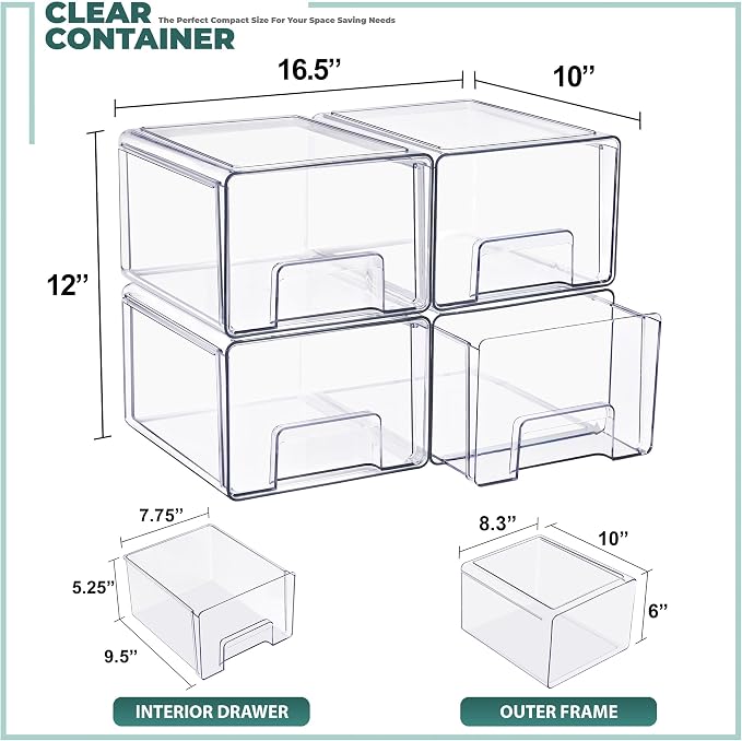 Sorbus Clear Stackable Storage Drawers with Handles (Large, 4 Pack) - Image 3