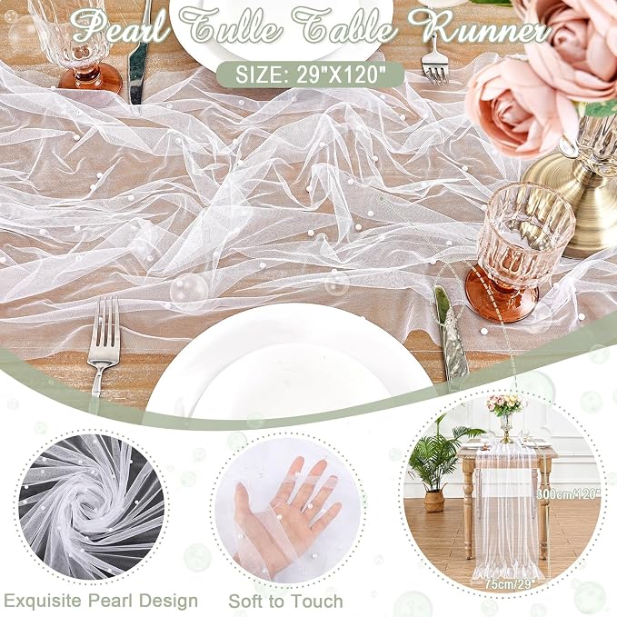 Pearl Gauze Table Runner Sheer Tulle Fabric Set of 6 White Lace Table Decor - Image 4