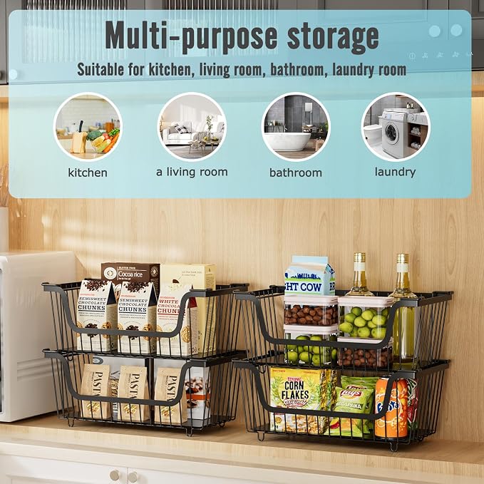 GAOKASE 6 Pcs Stackable Wire Baskets for Pantry Organizers and Storage, | Vegetable Fruit Basket for Countertop,Kitchen Storage Metal Baskets,Produce Potato Onion Storage Bin,Black - Image 5