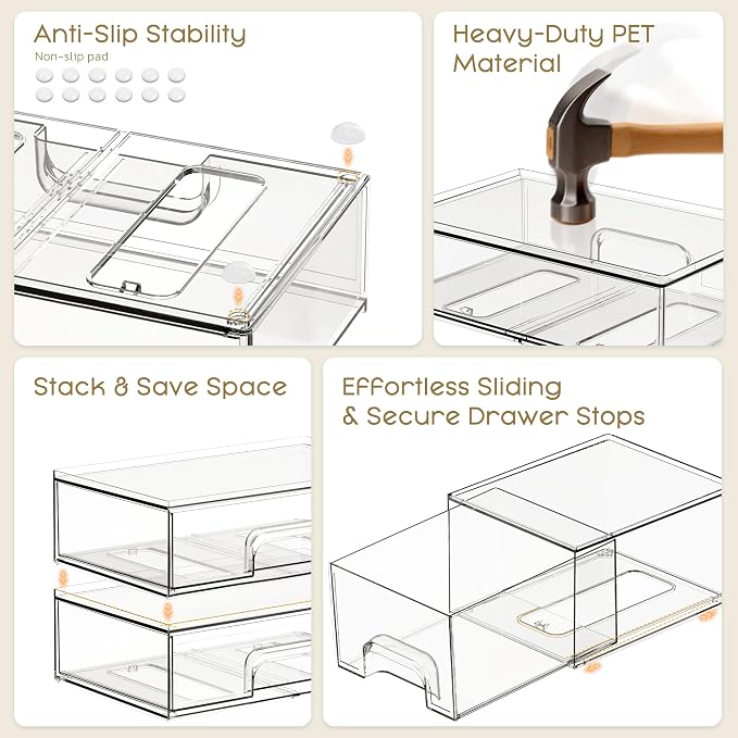 Criusia Stackable Storage Drawers, 4 Pack Clear Plastic Makeup & Bathroom Organizer, Versatile Storage Bins for Vanity, Under Sink, Kitchen Cabinets & Pantry - Image 5