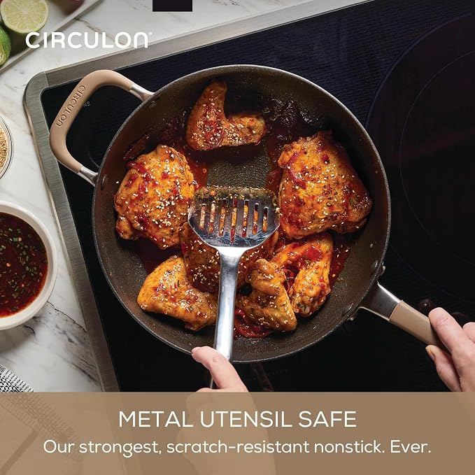 Circulon A1 Series with ScratchDefense Technology Nonstick Induction Pots and Pans, Metal Utensil Safe, Includes Splatter Guard, Slotted Turner and Silicone Trivets, 10 Piece Cookware Set - Champagne - Image 3
